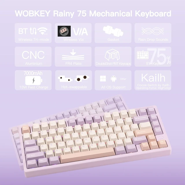 Alt view image 8 of 12 - WOBKEY Rainy 75 CNC Aluminum HMX/JWK/Cocoa Switches Triple-Mode Connectivity Mechanical Keyboard with Superior Acoustics, RGB/FR4/Silver SUS304/7000mAh/Cocoa Switch (Pro - Purple)