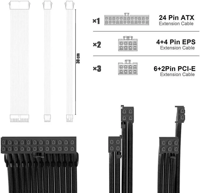Alt view image 2 of 5 - 30CM Black Sleeved PSU Extension Cable Kit, 24Pin ATX / 4+4 Pin EPS / 6+2 Pin PCIe Modular Power Cables with Dual Cable Combs, Universal ATX Power Supply Extension Set for PC Gaming Builds