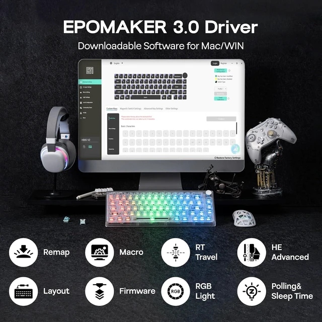 Alt view image 13 of 14 - HE65 V2 TMR Hall Effect Gaming Keyboard with Volume Knob | Rapid Triggering, 8K Polling, 0.01mm Adjustable Actuation, Hybrid Hot-Swap, Creamy & Thocky, 2.4Ghz/BT for Mac/WIN (White)