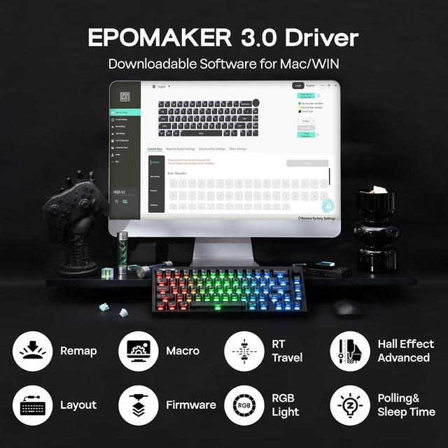 Alt view image 13 of 14 - HE65 V2 TMR Hall Effect Gaming Keyboard with Volume Knob | Rapid Triggering, 8K Polling, 0.01mm Adjustable Actuation, Hybrid Hot-Swap, Creamy & Thocky, 2.4Ghz/BT for Mac/WIN (Black)