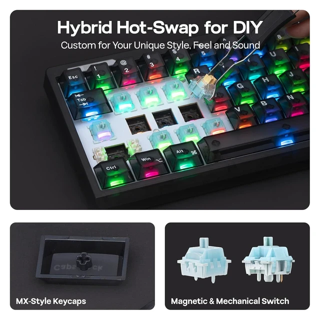 Alt view image 14 of 14 - HE65 V2 TMR Hall Effect Gaming Keyboard with Volume Knob | Rapid Triggering, 8K Polling, 0.01mm Adjustable Actuation, Hybrid Hot-Swap, Creamy & Thocky, 2.4Ghz/BT for Mac/WIN (Black)