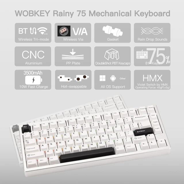 Alt view image 8 of 12 - WOBKEY Rainy 75 CNC Aluminum HMX/JWK/Cocoa Switches Triple-Mode Connectivity Mechanical Keyboard with Superior Acoustics, RGB/PP/Mirrored Glass/3500mAh/Violet Switch (Standard - Silver)