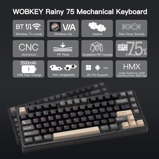 Alt view image 8 of 12 - WOBKEY Rainy 75 CNC Aluminum HMX/JWK/Cocoa Switches Triple-Mode Connectivity Mechanical Keyboard with Superior Acoustics, RGB/PP/Gradient Glass/3500mAh/Violet Switch (Standard - Black)