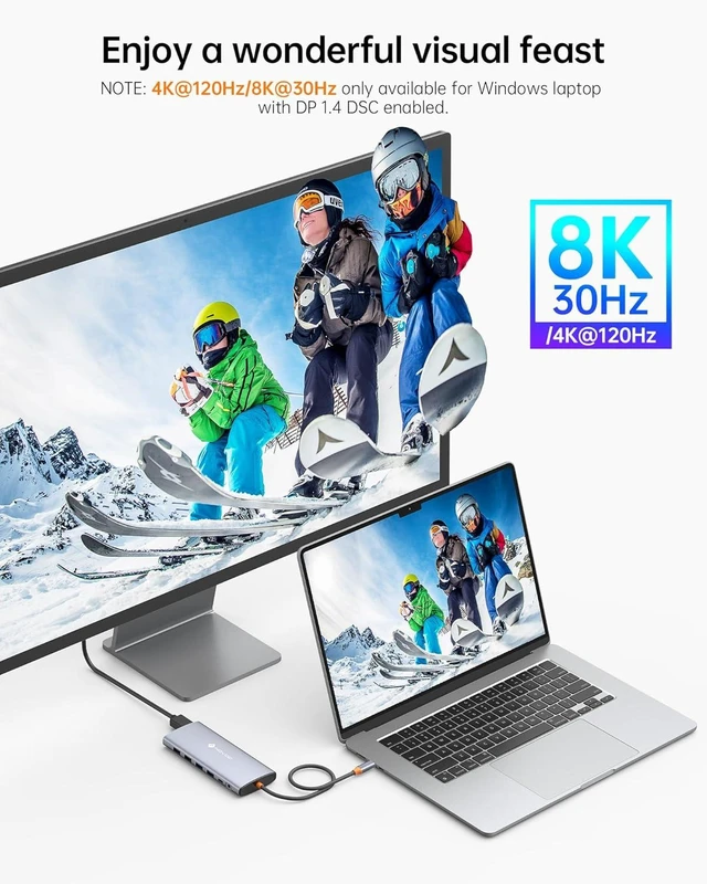 Alt view image 10 of 14 - NOVOO USB C Docking Station Dual Monitor for Laptop, 14 in 1 Hub Adapter Thunderbolt 3 to Dual 4K60 HDMI+8K30 DP USB C/A Data 100W PD RJ45 SD/TF Audio