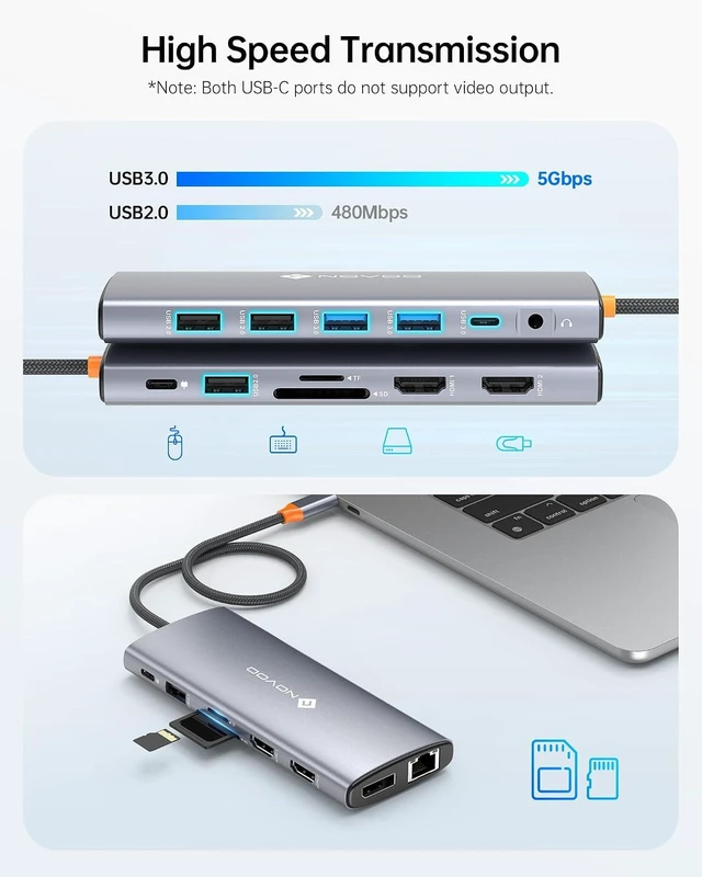 Alt view image 14 of 14 - NOVOO USB C Docking Station Dual Monitor for Laptop, 14 in 1 Hub Adapter Thunderbolt 3 to Dual 4K60 HDMI+8K30 DP USB C/A Data 100W PD RJ45 SD/TF Audio