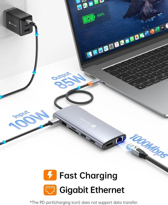Alt view image 13 of 14 - NOVOO USB C Docking Station Dual Monitor for Laptop, 14 in 1 Hub Adapter Thunderbolt 3 to Dual 4K60 HDMI+8K30 DP USB C/A Data 100W PD RJ45 SD/TF Audio