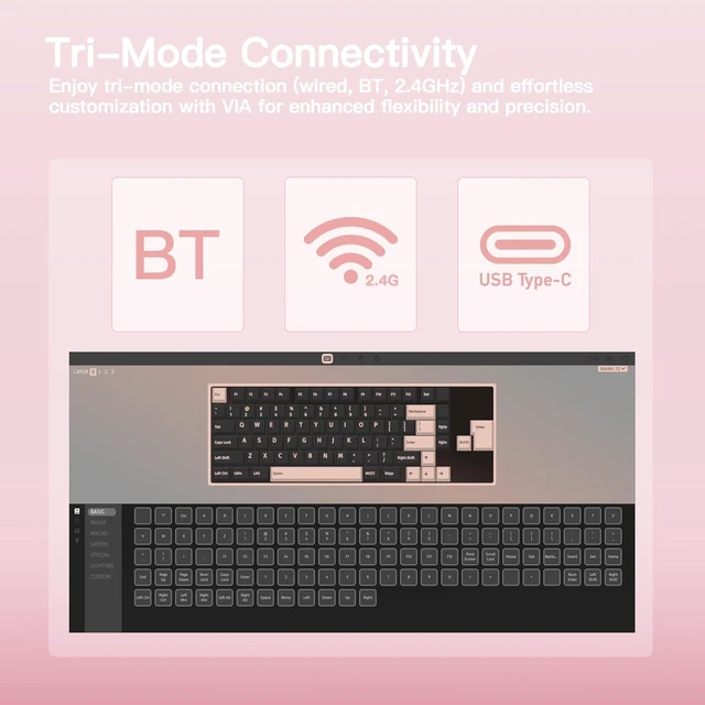Alt view image 11 of 12 - WOBKEY Rainy 75 CNC Aluminum HMX/JWK/Cocoa Switches Triple-Mode Connectivity Mechanical Keyboard with Superior Acoustics, RGB/FR4/Silver SUS304/7000mAh/Cocoa Switch (Pro - Pink)