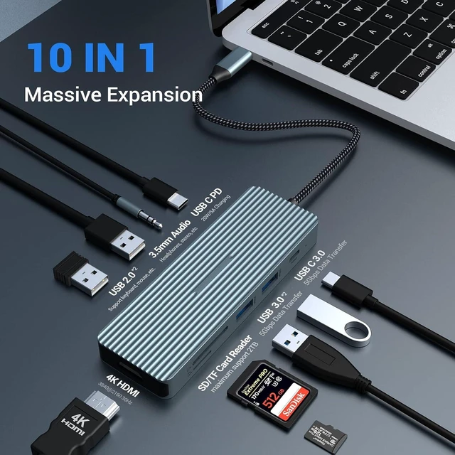Alt view image 9 of 14 - USB C Docking Station, USB C Hub, 10 in 1 USB C Docking Station con HDMI 4K, 2 USB 3.0, 2 USB 2.0, USB C, 100W PD, Audio, SD/TF Compatible con MacBook Pro/Air, Surface Pro/Go, Thunderbolt 3