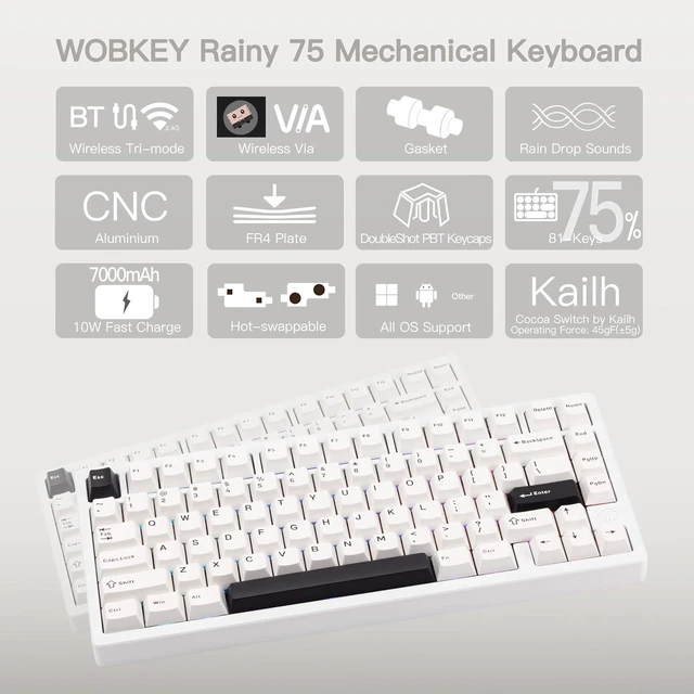 Alt view image 8 of 12 - WOBKEY Rainy 75 CNC Aluminum HMX/JWK/Cocoa Switches Triple-Mode Connectivity Mechanical Keyboard with Superior Acoustics, RGB/FR4/Silver SUS304/7000mAh/Cocoa Switch (Pro - Luna)