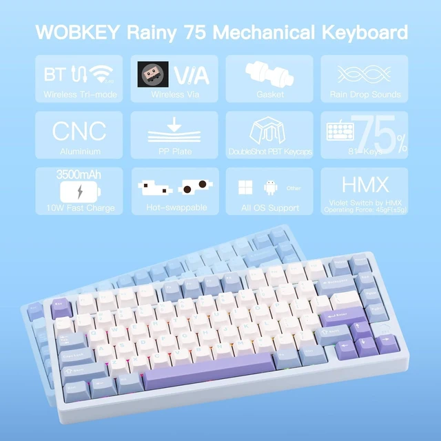 Alt view image 8 of 12 - WOBKEY Rainy 75 CNC Aluminum HMX/JWK/Cocoa Switches Triple-Mode Connectivity Mechanical Keyboard with Superior Acoustics, RGB/PP/Gradient Glass/3500mAh/Violet Switch (Standard - Blue)
