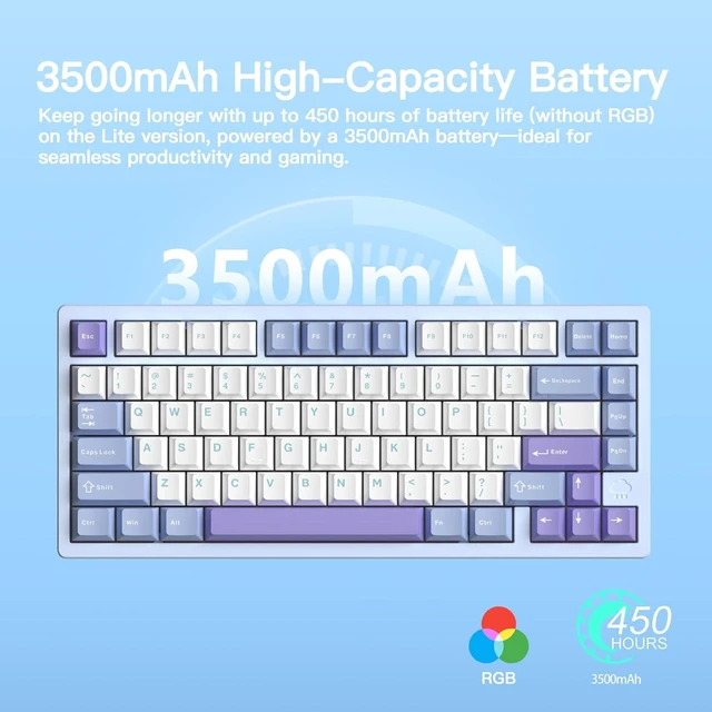 Alt view image 9 of 12 - WOBKEY Rainy 75 CNC Aluminum HMX/JWK/Cocoa Switches Triple-Mode Connectivity Mechanical Keyboard with Superior Acoustics, RGB/PP/Gradient Glass/3500mAh/Violet Switch (Standard - Blue)