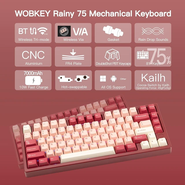 Alt view image 8 of 12 - WOBKEY Rainy 75 CNC Aluminum HMX/JWK/Cocoa Switches Triple-Mode Connectivity Mechanical Keyboard with Superior Acoustics, RGB/FR4/Silver SUS304/7000mAh/Cocoa Switch (Pro - Red Velvet)