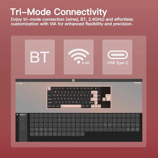 Alt view image 11 of 12 - WOBKEY Rainy 75 CNC Aluminum HMX/JWK/Cocoa Switches Triple-Mode Connectivity Mechanical Keyboard with Superior Acoustics, RGB/FR4/Silver SUS304/7000mAh/Cocoa Switch (Pro - Red Velvet)