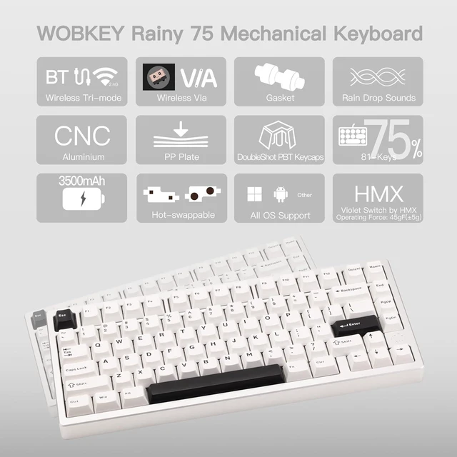 Alt view image 8 of 12 - WOBKEY Rainy 75 CNC Aluminum HMX/JWK/Cocoa Switches Triple-Mode Connectivity Mechanical Keyboard with Superior Acoustics, No RGB/PP/Mirrored Glass/3500mAh/Violet Switch (Lite - Silver)