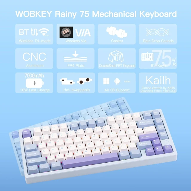 Alt view image 8 of 12 - WOBKEY Rainy 75 CNC Aluminum HMX/JWK/Cocoa Switches Triple-Mode Connectivity Mechanical Keyboard with Superior Acoustics, RGB/FR4/Silver SUS304/7000mAh/Cocoa Switch (Pro - Blue)