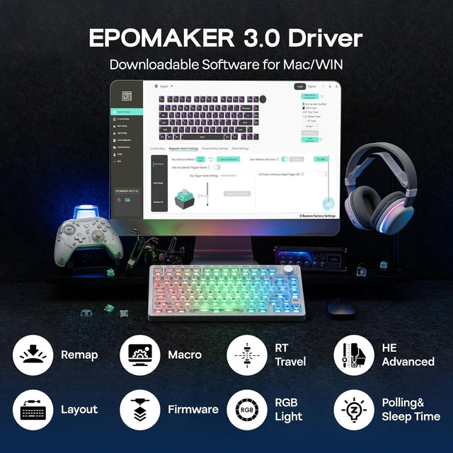 Alt view image 13 of 14 - HE75 V2 TMR Hall Effect Gaming Keyboard w/Changeable Knob | Rapid Triggering, 8K Polling, 0.01mm Adjustable Actuation, Hybrid Hot-Swap, Creamy & Thocky, 2.4Ghz/BT for Mac/WIN (White)