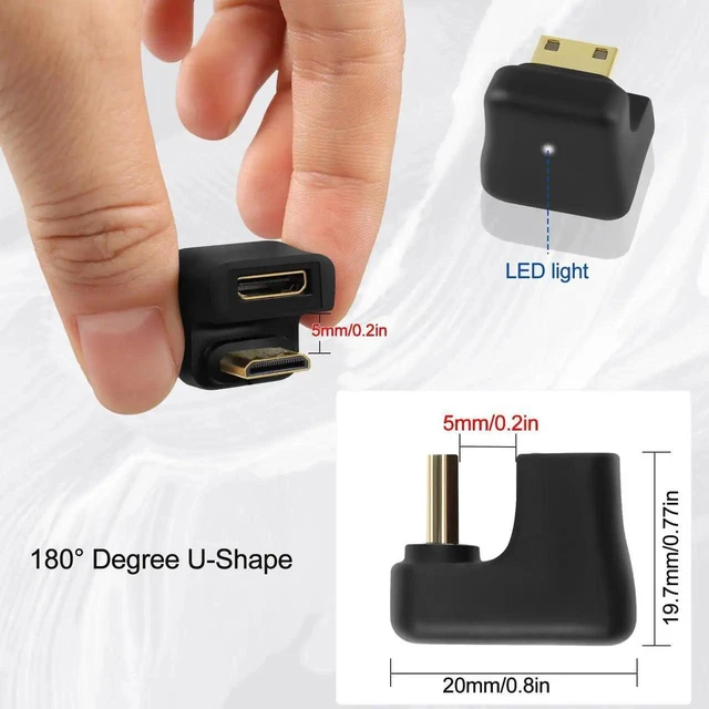 Alt view image 3 of 7 - 180 Degree Down U-Shape Mini HDMI 2.1 Angle Adapter, 8K UHD Male to Female HD Display Connector with LED Light for DSLR Camcorder Tablet PC