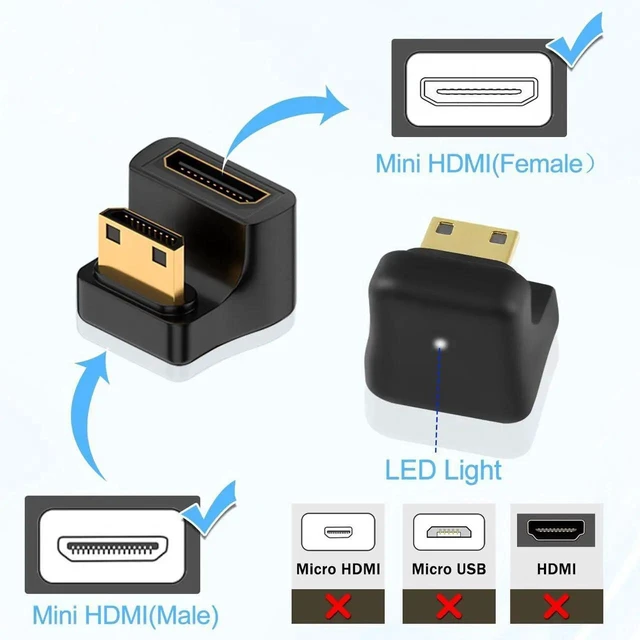 Alt view image 6 of 7 - 180 Degree Down U-Shape Mini HDMI 2.1 Angle Adapter, 8K UHD Male to Female HD Display Connector with LED Light for DSLR Camcorder Tablet PC