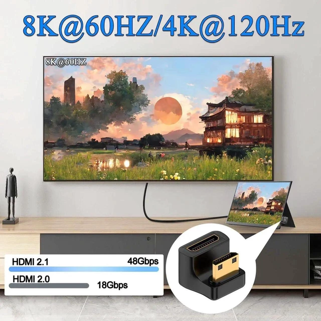 Alt view image 2 of 7 - 180 Degree Down U-Shape Mini HDMI 2.1 Angle Adapter, 8K UHD Male to Female HD Display Connector with LED Light for DSLR Camcorder Tablet PC