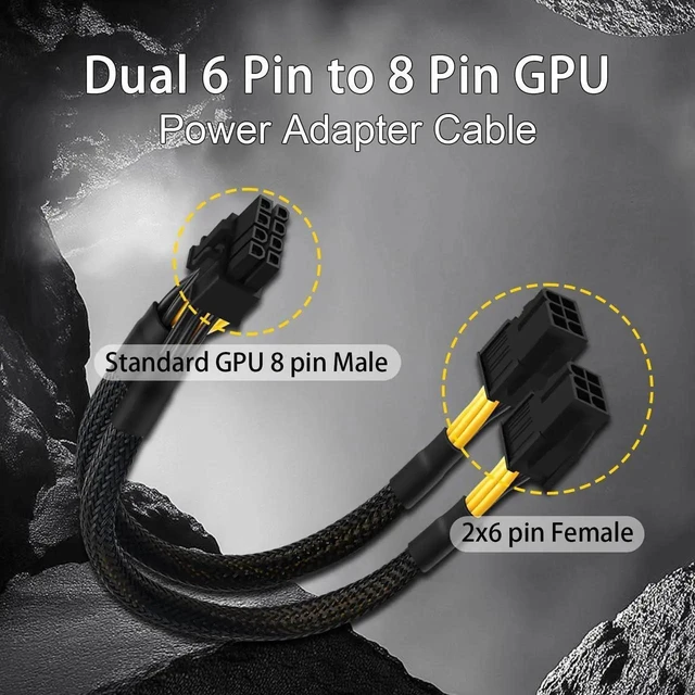 Alt view image 5 of 7 - Dual 6 Pin Female to 8 Pin Male GPU Power Adapter Cable, Sleeved PCIe Converter Cord 9.5 Inch 24cm