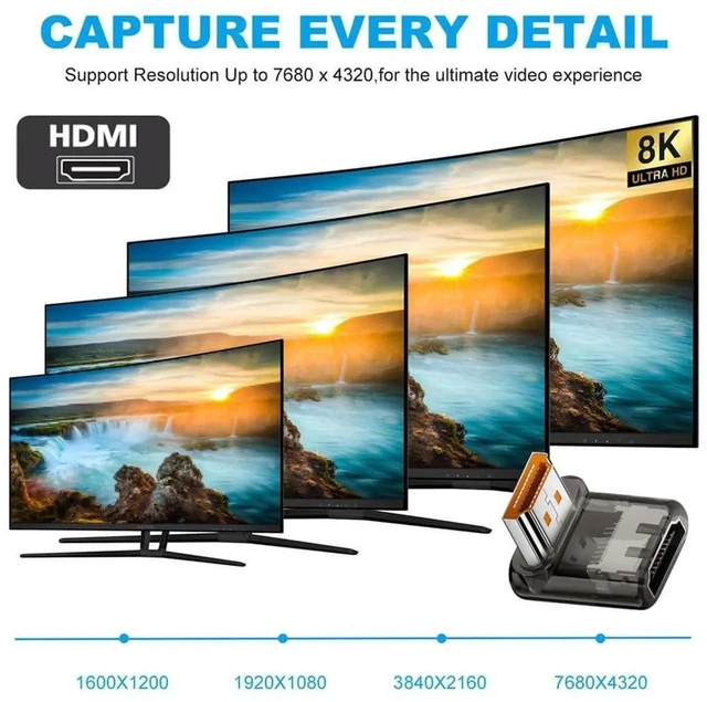 Alt view image 4 of 7 - 90 Degree Down Angled Low Profile HDMI 2.1 Adapter, Transparent 8K@60Hz UHD Male to Female HDTV Extender with Smart LED Light for Monitor TV Projector
