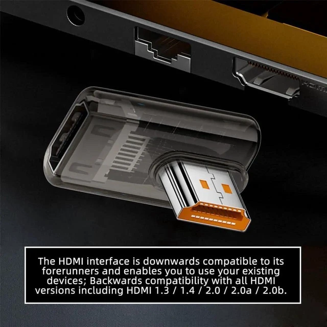 Alt view image 5 of 7 - 90 Degree Left Angled Low Profile HDMI 2.1 Adapter, Transparent 8K@60Hz UHD Male to Female HDTV Extender with Smart LED Light for Monitor TV Projector