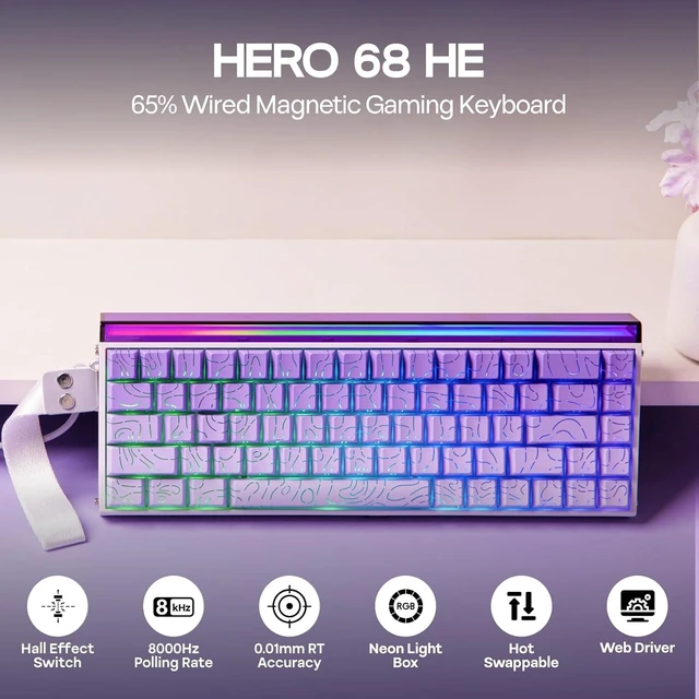Alt view image 9 of 12 - Aula Hero 68 HE Wired Magnetic Gaming Keyboard, 0.01mm Adjustable Actuation, Rapid Hall Effect Switch, 8kHz Polling, 5-Layer Sound Dampening, RGB Box & Backlight (Purple)