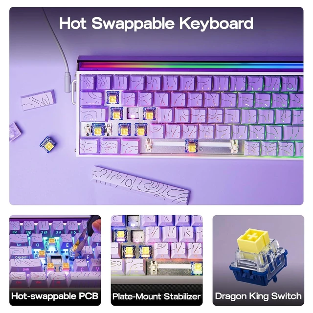 Alt view image 10 of 12 - Aula Hero 68 HE Wired Magnetic Gaming Keyboard, 0.01mm Adjustable Actuation, Rapid Hall Effect Switch, 8kHz Polling, 5-Layer Sound Dampening, RGB Box & Backlight (Purple)