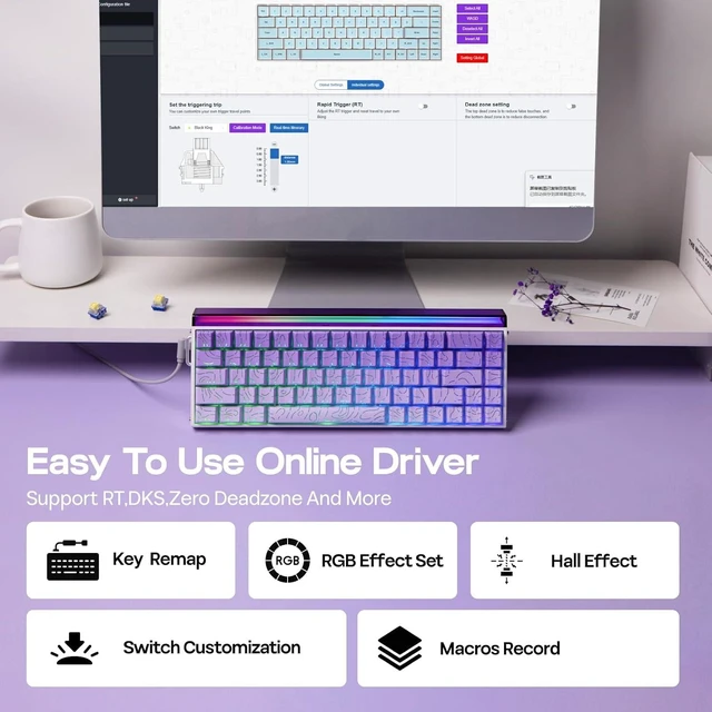 Alt view image 12 of 12 - Aula Hero 68 HE Wired Magnetic Gaming Keyboard, 0.01mm Adjustable Actuation, Rapid Hall Effect Switch, 8kHz Polling, 5-Layer Sound Dampening, RGB Box & Backlight (Purple)