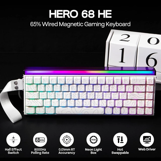 Alt view image 9 of 12 - Aula Hero 68 HE Wired Magnetic Gaming Keyboard, 0.01mm Adjustable Actuation, Rapid Hall Effect Switch, 8kHz Polling, 5-Layer Sound Dampening, RGB Box & Backlight (White Topographic)