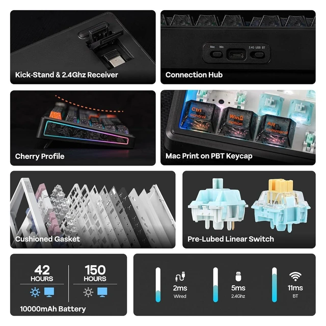 Alt view image 9 of 14 - TH108 V2 PRO Full Size Mechanical Keyboard with Screen&Knob, 10000mAh, BT/2.4Ghz, Mac Modifier PBT Keycap, Hot Swap, RGB, Gasket, Wireless Gaming Keyboard for Mac/PC (Black, Creamy Jade)