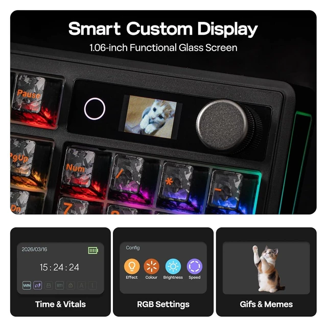 Alt view image 10 of 14 - TH108 V2 PRO Full Size Mechanical Keyboard with Screen&Knob, 10000mAh, BT/2.4Ghz, Mac Modifier PBT Keycap, Hot Swap, RGB, Gasket, Wireless Gaming Keyboard for Mac/PC (Black, Creamy Jade)