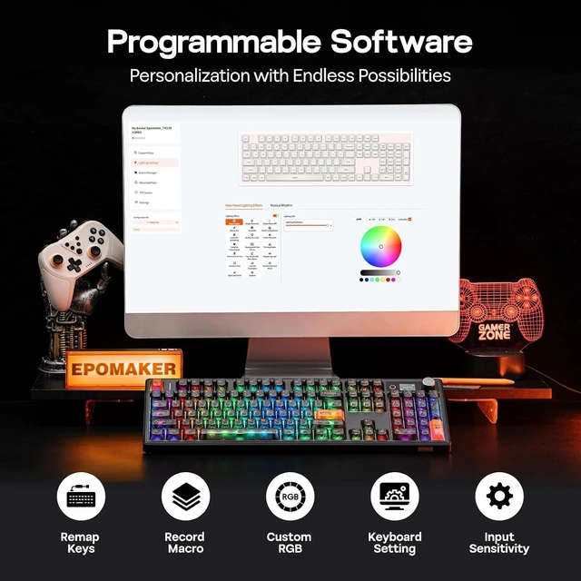 Alt view image 14 of 14 - TH108 V2 PRO Full Size Mechanical Keyboard with Screen&Knob, 10000mAh, BT/2.4Ghz, Mac Modifier PBT Keycap, Hot Swap, RGB, Gasket, Wireless Gaming Keyboard for Mac/PC (Black, Creamy Jade)
