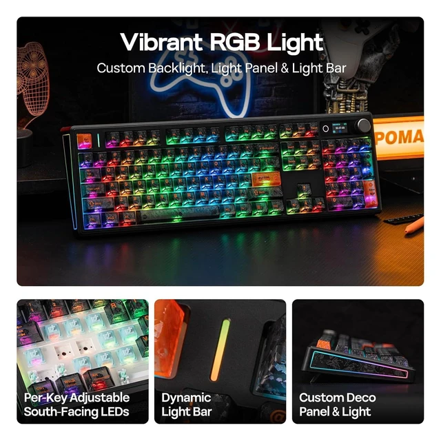 Alt view image 11 of 14 - TH108 V2 PRO Full Size Mechanical Keyboard with Screen&Knob, 10000mAh, BT/2.4Ghz, Mac Modifier PBT Keycap, Hot Swap, RGB, Gasket, Wireless Gaming Keyboard for Mac/PC (Black, Creamy Jade)