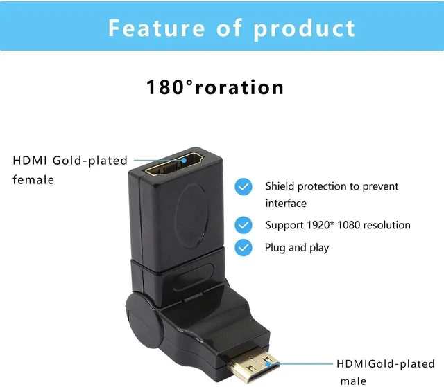 Alt view image 7 of 7 - Swivel Angle Mini HDMI to HDMI Adapter, 90° 180° 360° Rotating Mini HDMI Male to HDMI Female Converter Gold Plated 3D 2K for Camera Camcorder DSLR Tablet Graphics Card