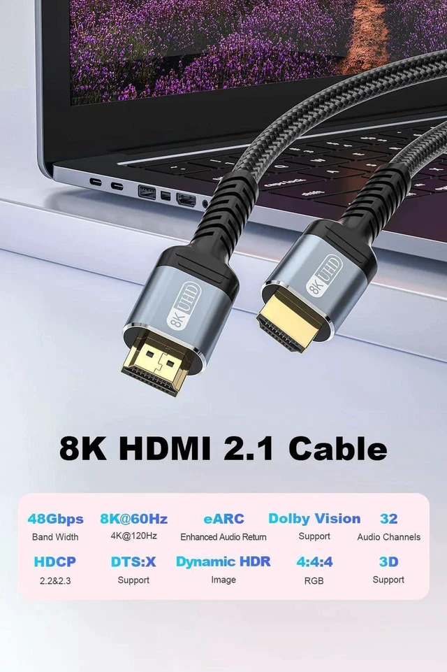 Alt view image 4 of 7 - 10K 8K 4K HDMI 2.1 Cable 6FT, 48Gbps Ultra High Speed Braided HDMI Cord, 8K@60Hz 4K@120Hz Dynamic HDR eARC HDCP 2.2 2.3 Compatible with TV Laptop Monitor PS5 Xbox Projector Sound System
