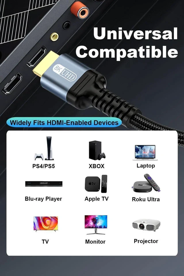 Alt view image 6 of 7 - 10K 8K 4K HDMI 2.1 Cable 6FT, 48Gbps Ultra High Speed Braided HDMI Cord, 8K@60Hz 4K@120Hz Dynamic HDR eARC HDCP 2.2 2.3 Compatible with TV Laptop Monitor PS5 Xbox Projector Sound System