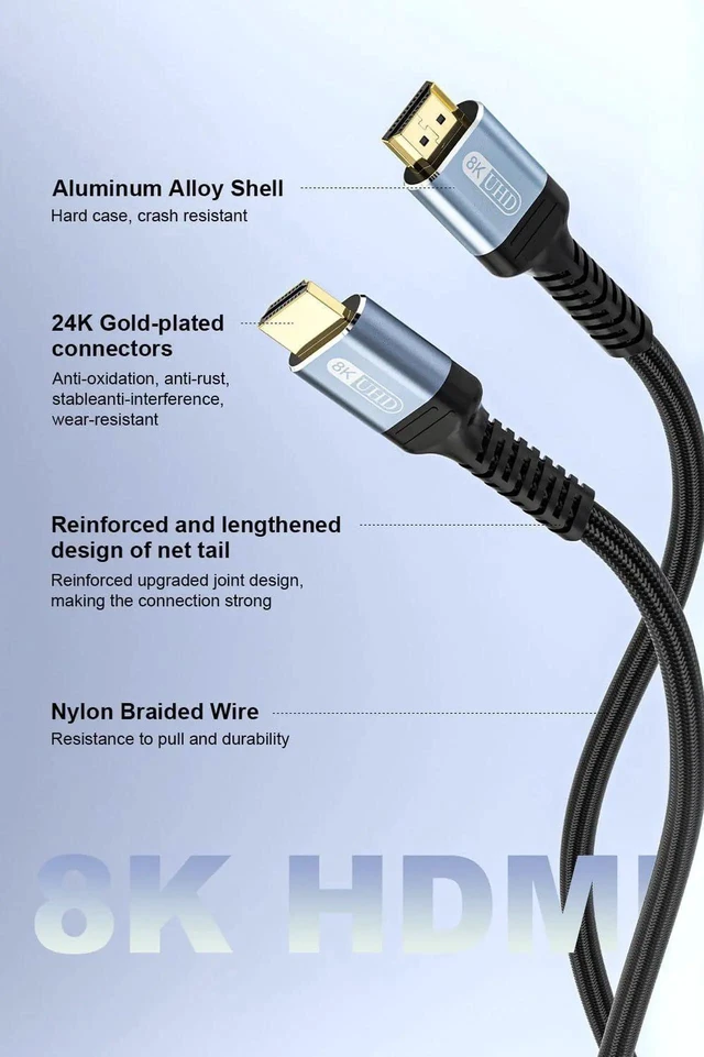 Alt view image 7 of 7 - 10K 8K 4K HDMI 2.1 Cable 6FT, 48Gbps Ultra High Speed Braided HDMI Cord, 8K@60Hz 4K@120Hz Dynamic HDR eARC HDCP 2.2 2.3 Compatible with TV Laptop Monitor PS5 Xbox Projector Sound System