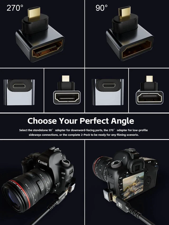 Alt view image 5 of 7 - 8K Right Angle Micro HDMI Adapter 90 Degree Male to Female Connector 8K@60Hz 4K@120Hz for Camera Camcorder Tablet Monitor