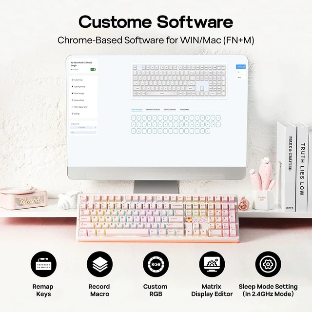 Alt view image 12 of 14 - X Aula F108 PRO V2 Wireless Gaming Keyboard with 10000mAh Battery, Dot-Matrix Display, RGB Backlit, Full Size Mechanical Keyboard for Mac/PC/Android (Pink, Silent Cotton Candy)
