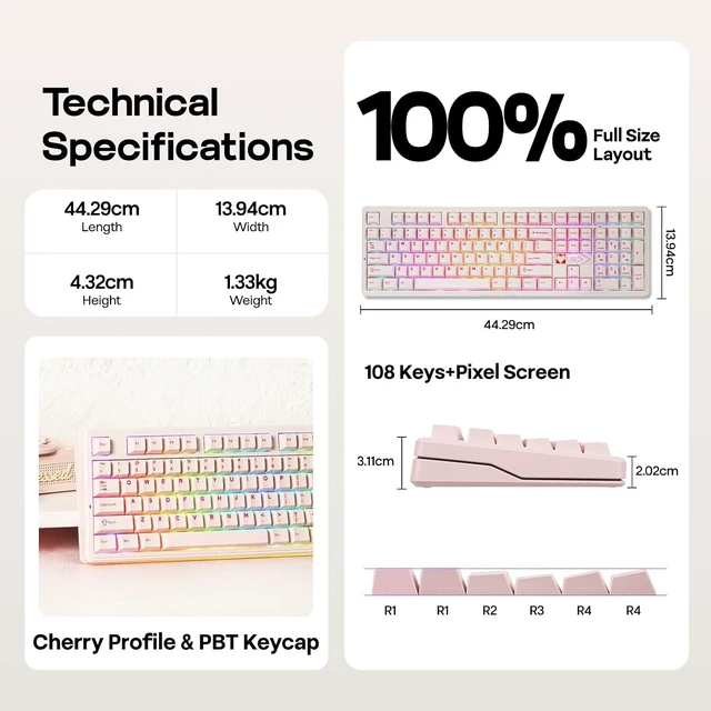 Alt view image 14 of 14 - X Aula F108 PRO V2 Wireless Gaming Keyboard with 10000mAh Battery, Dot-Matrix Display, RGB Backlit, Full Size Mechanical Keyboard for Mac/PC/Android (Pink, Silent Cotton Candy)