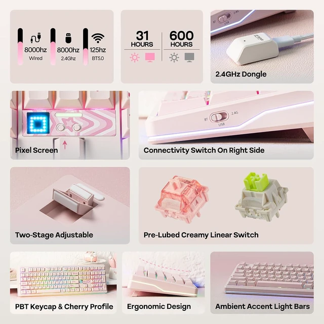 Alt view image 9 of 14 - X Aula F108 PRO V2 Wireless Gaming Keyboard with 10000mAh Battery, Dot-Matrix Display, RGB Backlit, Full Size Mechanical Keyboard for Mac/PC/Android (Pink, Silent Cotton Candy)