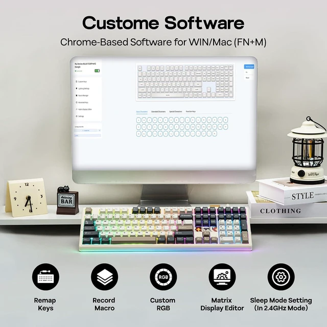 Alt view image 12 of 14 - X Aula F108 PRO V2 Wireless Gaming Keyboard with 10000mAh Battery, Dot-Matrix Display, RGB Backlit, Full Size Mechanical Keyboard for Mac/PC/Android (Retro White, Reaper)