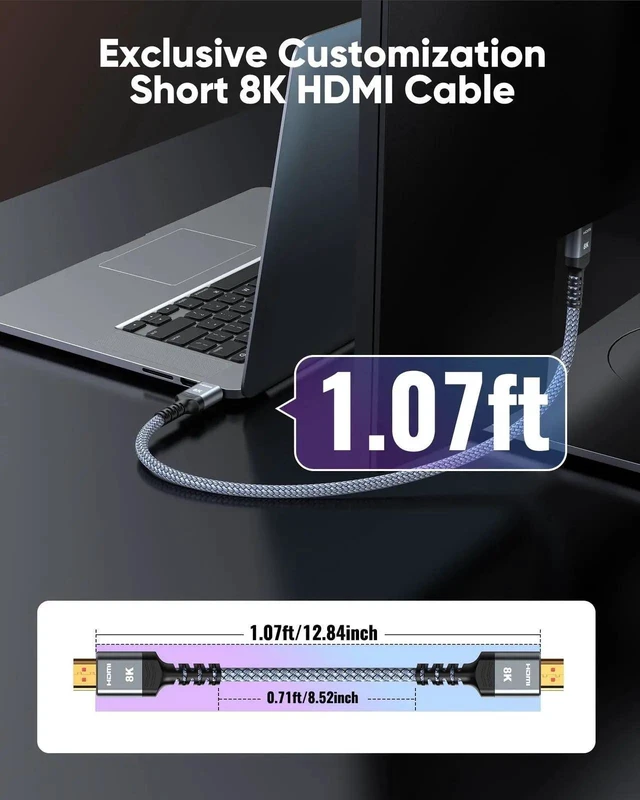 Alt view image 4 of 7 - Extra Short 8K HDMI Cable 1.07ft Total Length, 0.71ft Cable Length, Ultra High Speed Braided HDMI Cord, 4K@120Hz 8K@60Hz eARC Compatible with PS5 Monitor PC