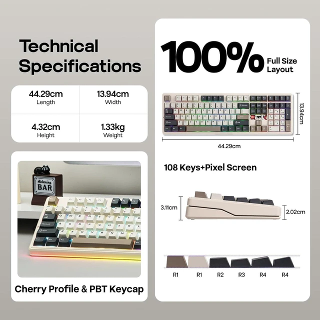 Alt view image 14 of 14 - X Aula F108 PRO V2 Wireless Gaming Keyboard with 10000mAh Battery, Dot-Matrix Display, RGB Backlit, Full Size Mechanical Keyboard for Mac/PC/Android (Retro White, Reaper)