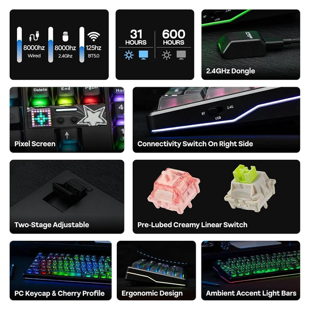 Alt view image 9 of 14 - X Aula F108 PRO V2 Wireless Gaming Keyboard with 10000mAh Battery, Dot-Matrix Display, RGB Backlit, Full Size Mechanical Keyboard for Mac/PC/Android (Black, Reaper)