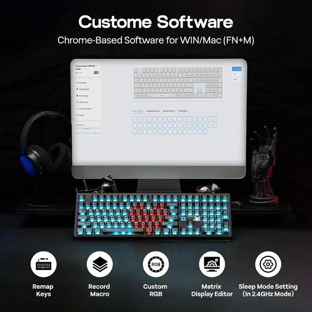 Alt view image 12 of 14 - X Aula F108 PRO V2 Wireless Gaming Keyboard with 10000mAh Battery, Dot-Matrix Display, RGB Backlit, Full Size Mechanical Keyboard for Mac/PC/Android (Black, Reaper)