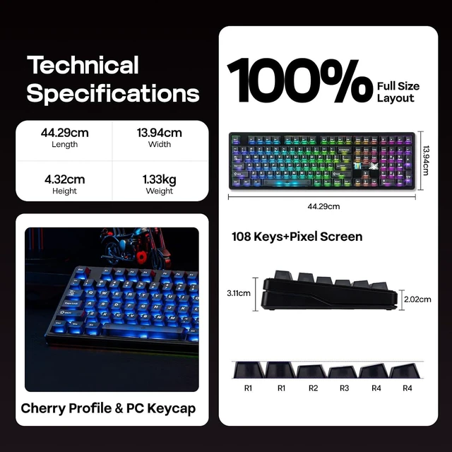 Alt view image 14 of 14 - X Aula F108 PRO V2 Wireless Gaming Keyboard with 10000mAh Battery, Dot-Matrix Display, RGB Backlit, Full Size Mechanical Keyboard for Mac/PC/Android (Black, Reaper)