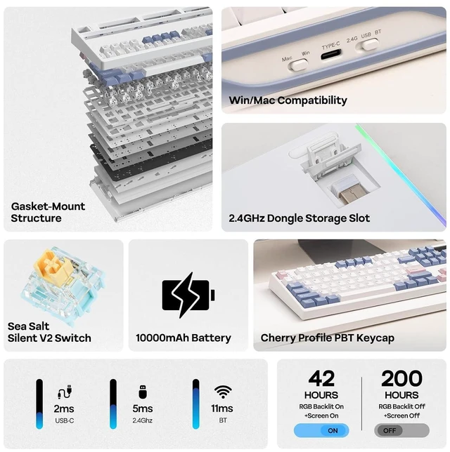 Alt view image 9 of 14 - TH108 PRO Full Size Mechanical Keyboard with Screen & Knob, Wireless Gaming Keyboard with 10000mAh, Creamy Gasket, Hot Swap, Custom Driver, RGB Backlight (White, Sea Salt Silent)