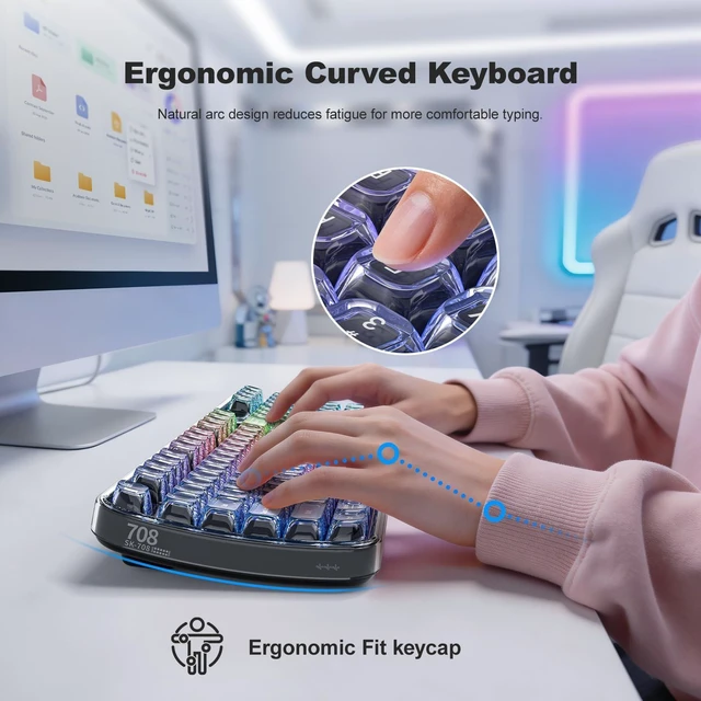 Alt view image 12 of 14 - Computer Backlit Keyboard Black Crystal - Full-Size Bluetooth Wireless Rechargeable Transparent Keycap Portable Keyboards Compatible with Windows, Laptop, PC, Desktop
